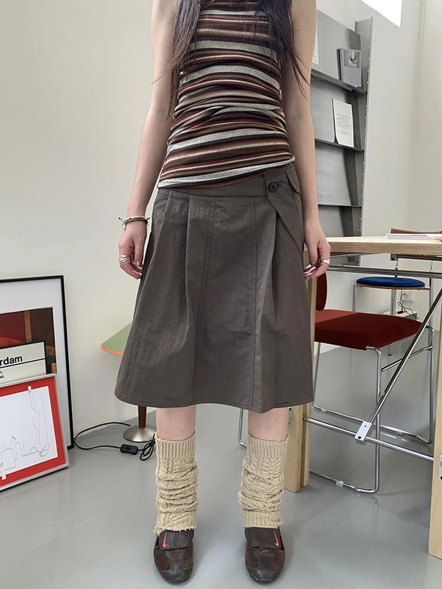 Vintage Button Detail Pleated A Line Skirt