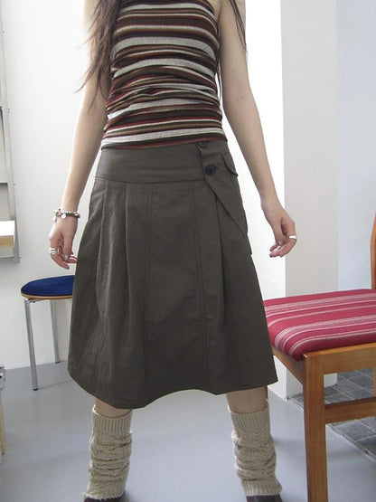 Vintage Button Detail Pleated A Line Skirt