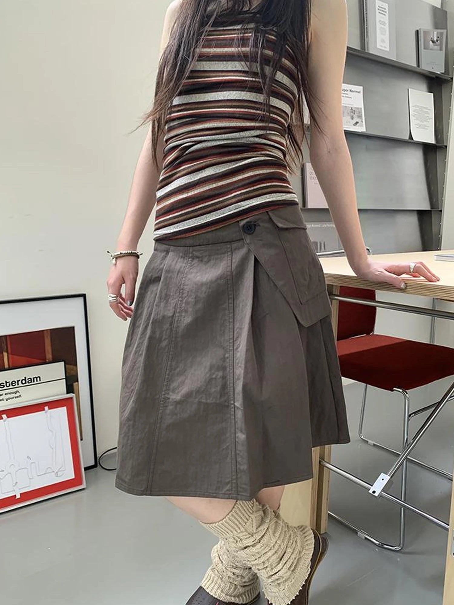 Vintage Button Detail Pleated A Line Skirt