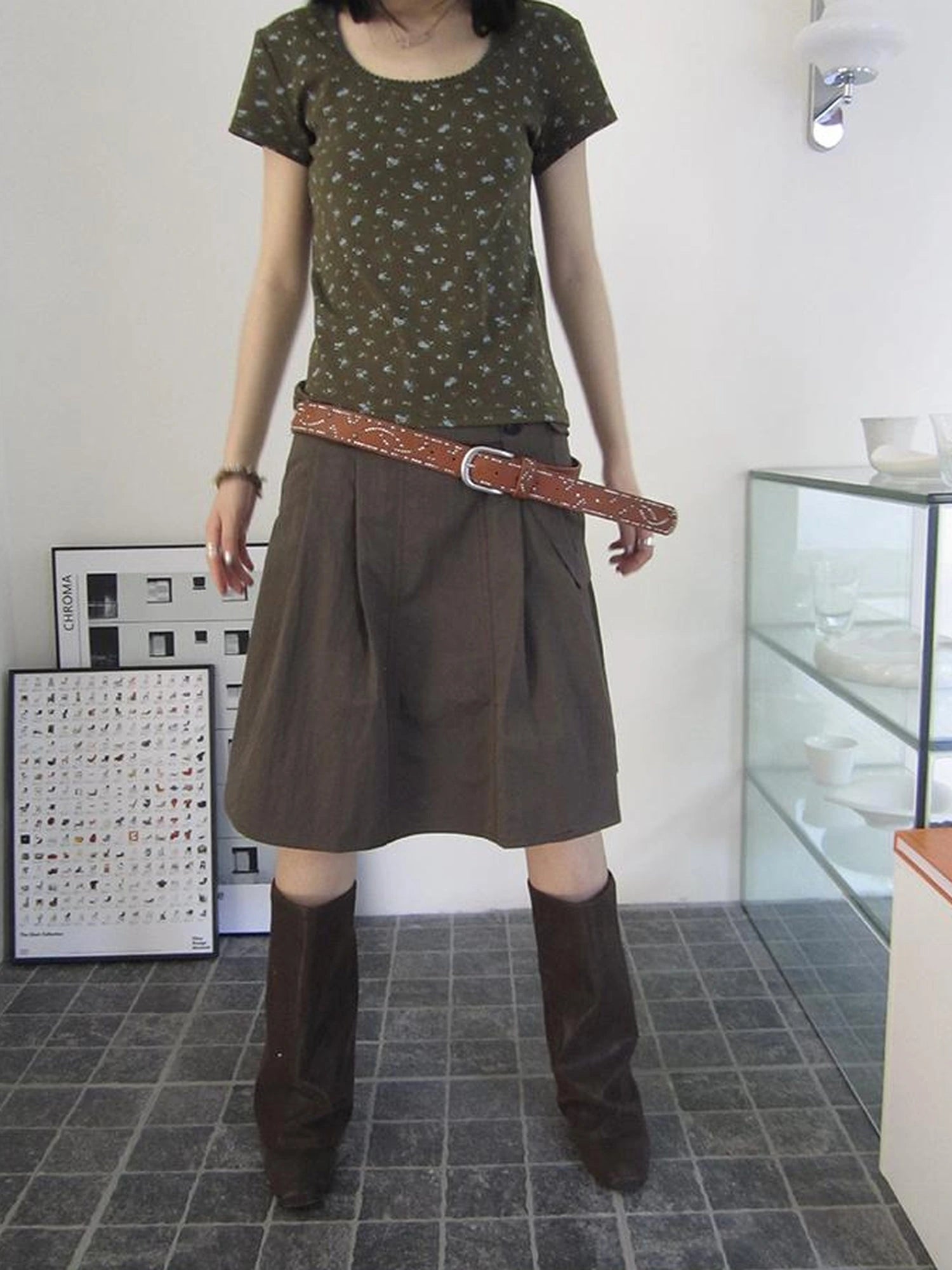 Vintage Button Detail Pleated A Line Skirt