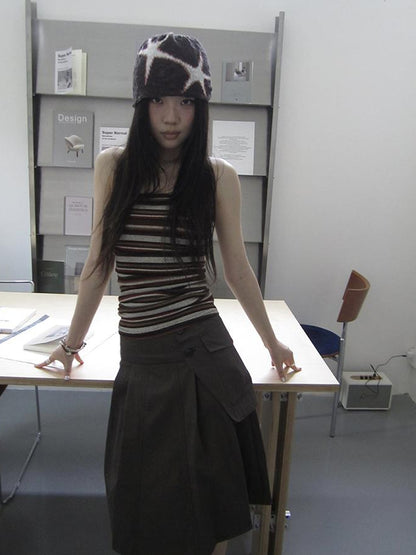 ang project Vintage Button Detail Pleated A Line Skirt
