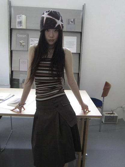 Vintage Button Detail Pleated A Line Skirt