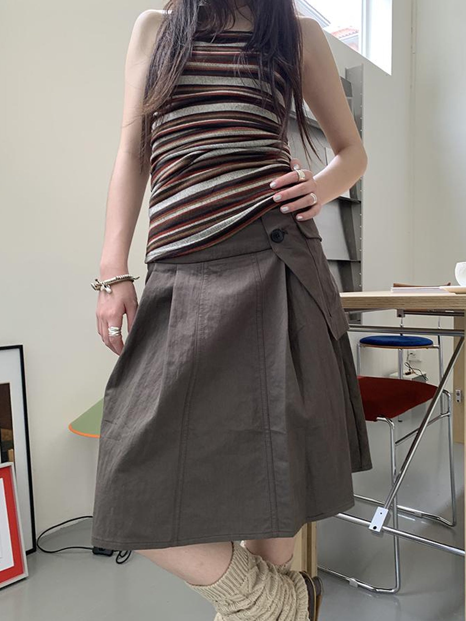 ang project Vintage Button Detail Pleated A Line Skirt
