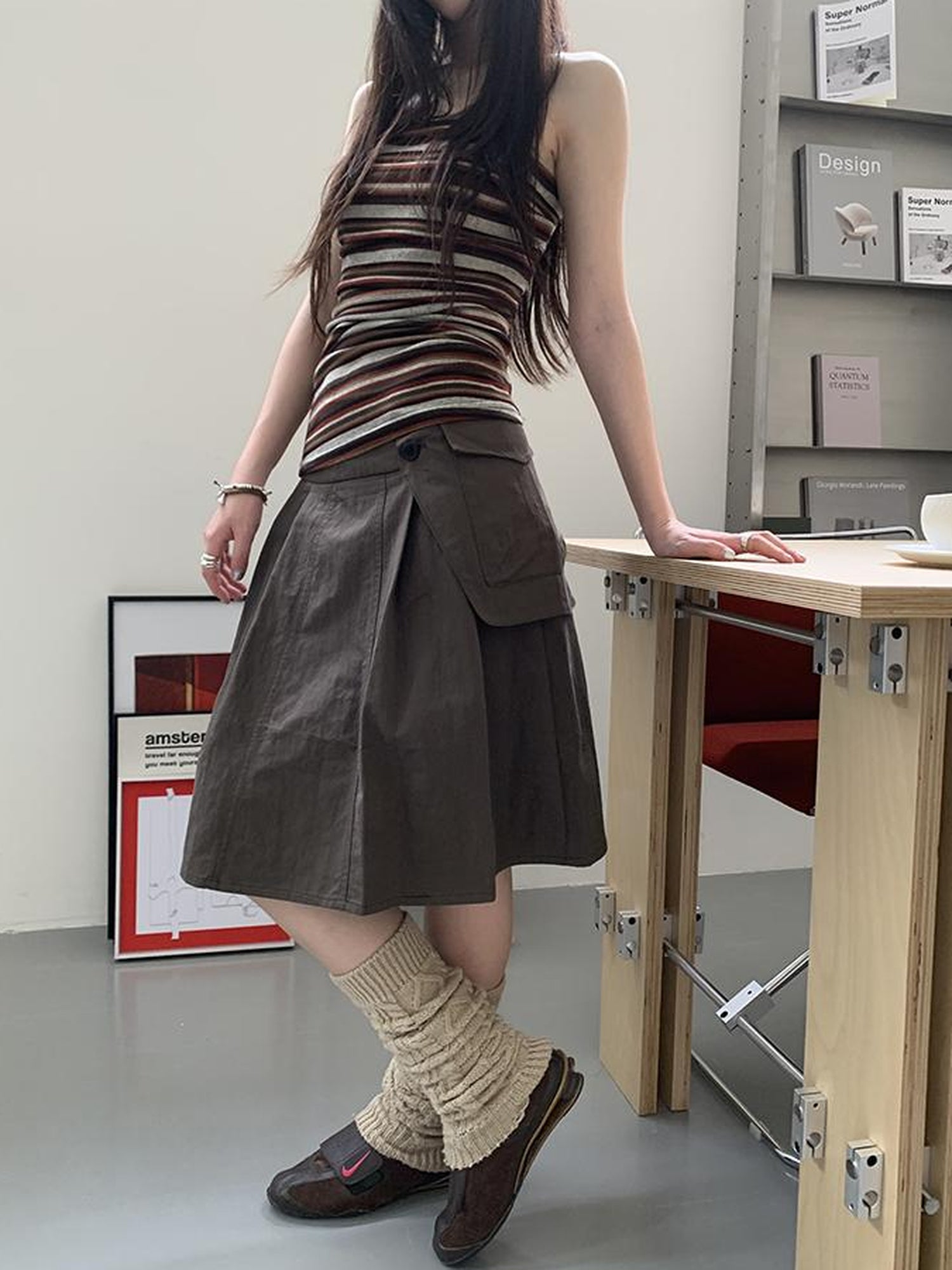 ang project Vintage Button Detail Pleated A Line Skirt