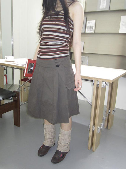 ang project Vintage Button Detail Pleated A Line Skirt