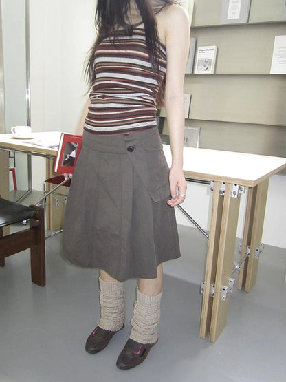 Vintage Button Detail Pleated A Line Skirt