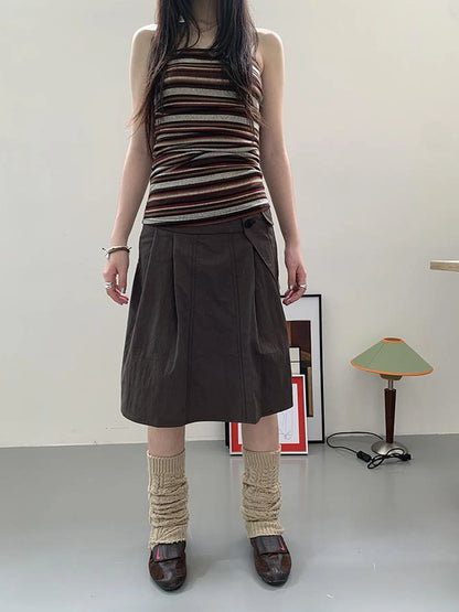 Vintage Button Detail Pleated A Line Skirt