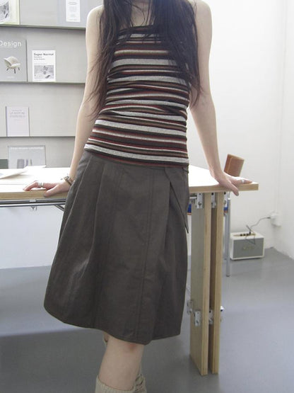 ang project Vintage Button Detail Pleated A Line Skirt