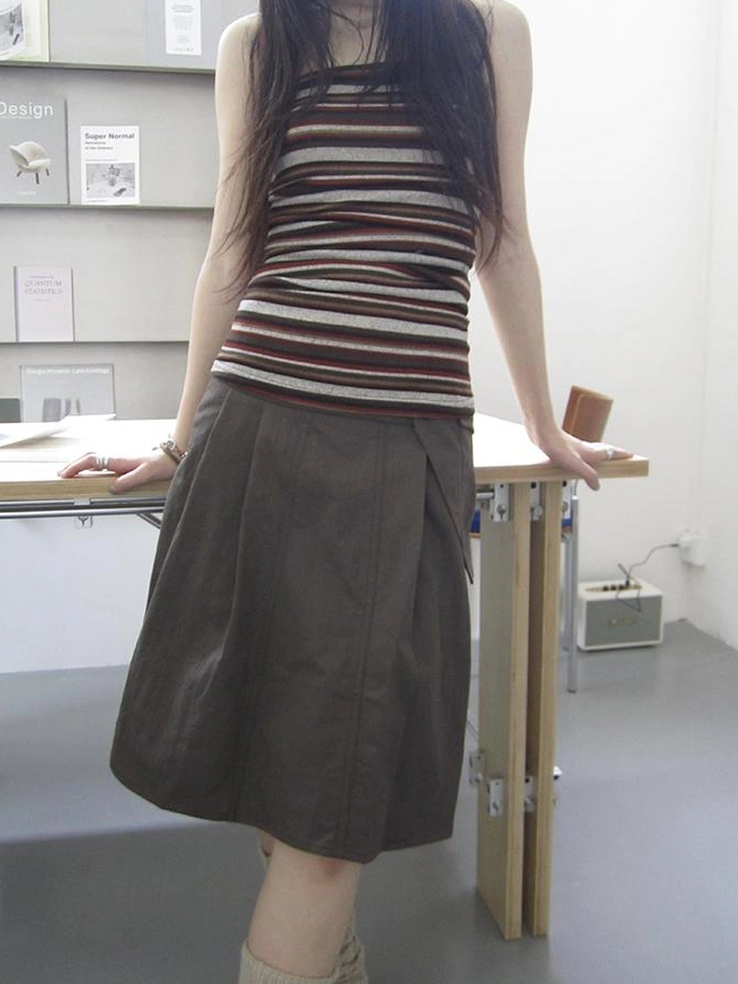 Vintage Button Detail Pleated A Line Skirt