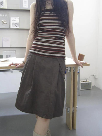 Vintage Button Detail Pleated A Line Skirt