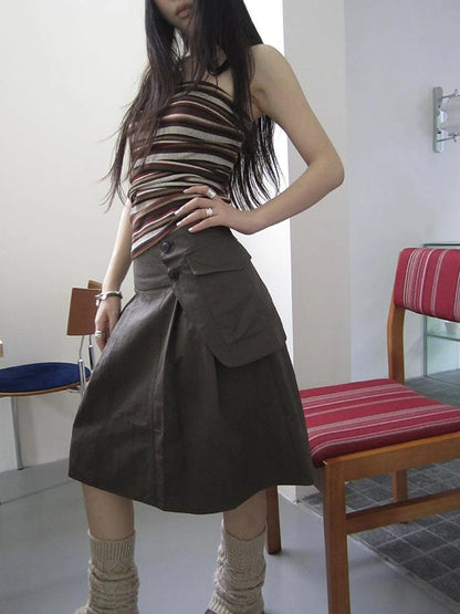 Vintage Button Detail Pleated A Line Skirt