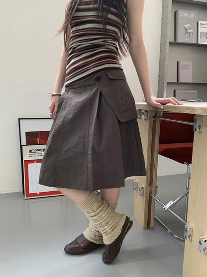 Vintage Button Detail Pleated A Line Skirt