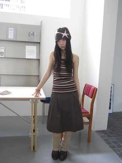 Vintage Button Detail Pleated A Line Skirt