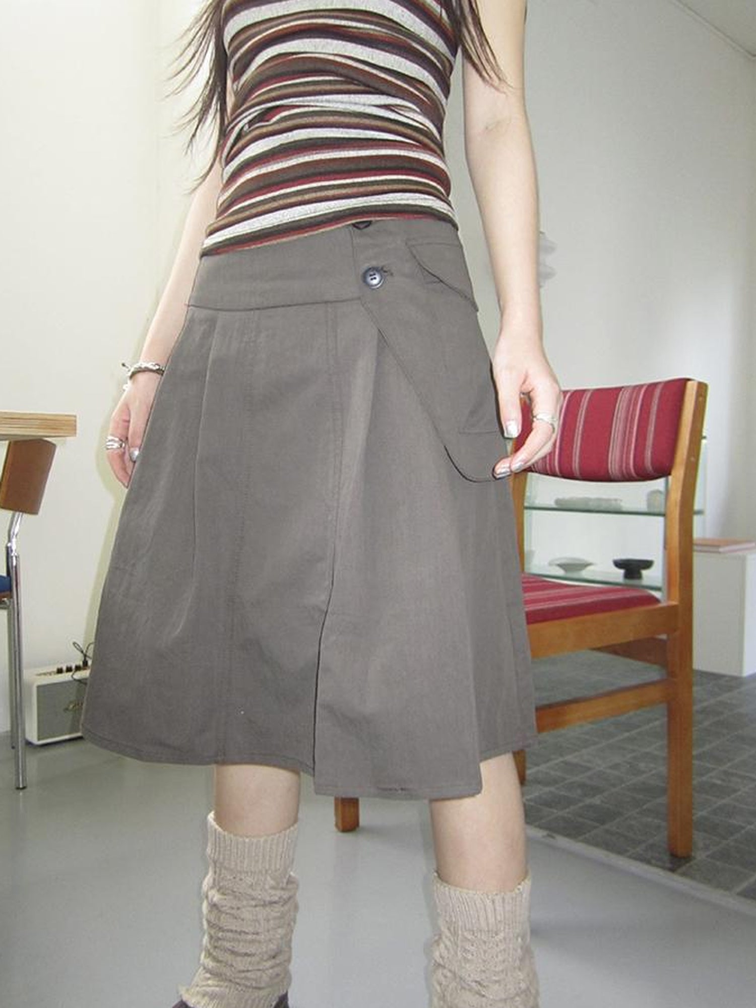 ang project Vintage Button Detail Pleated A Line Skirt