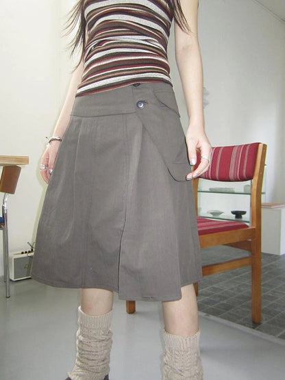 Vintage Button Detail Pleated A Line Skirt