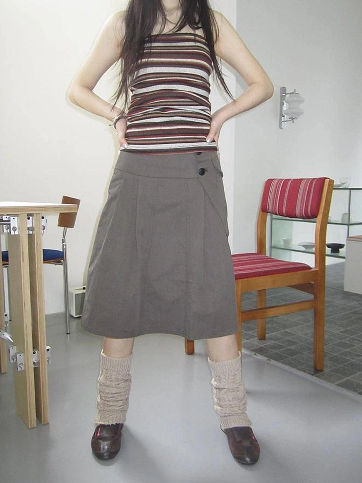 Vintage Button Detail Pleated A Line Skirt