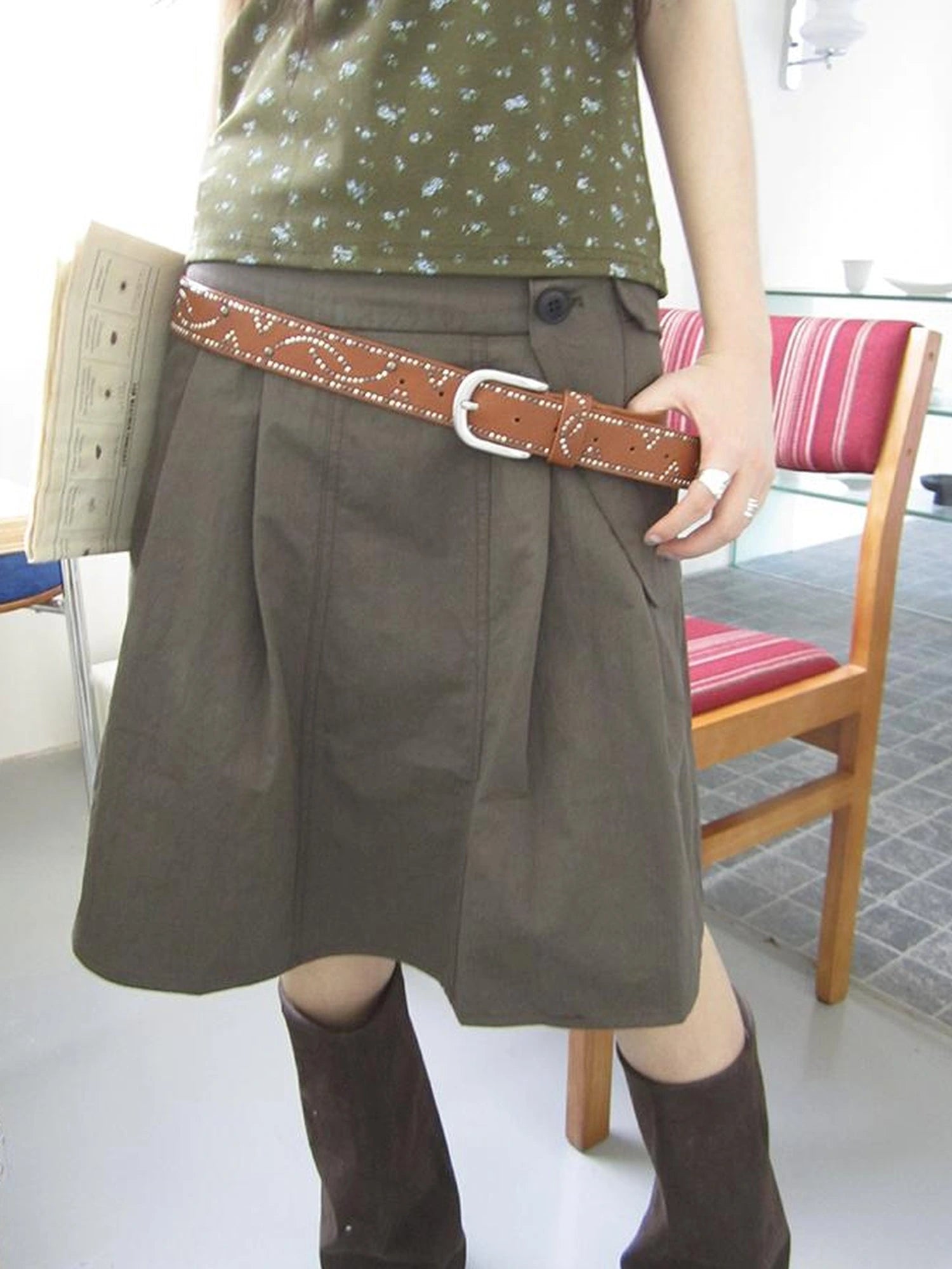 Vintage Button Detail Pleated A Line Skirt