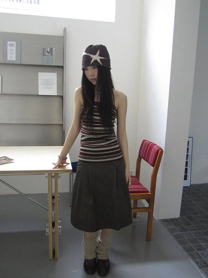 Vintage Button Detail Pleated A Line Skirt