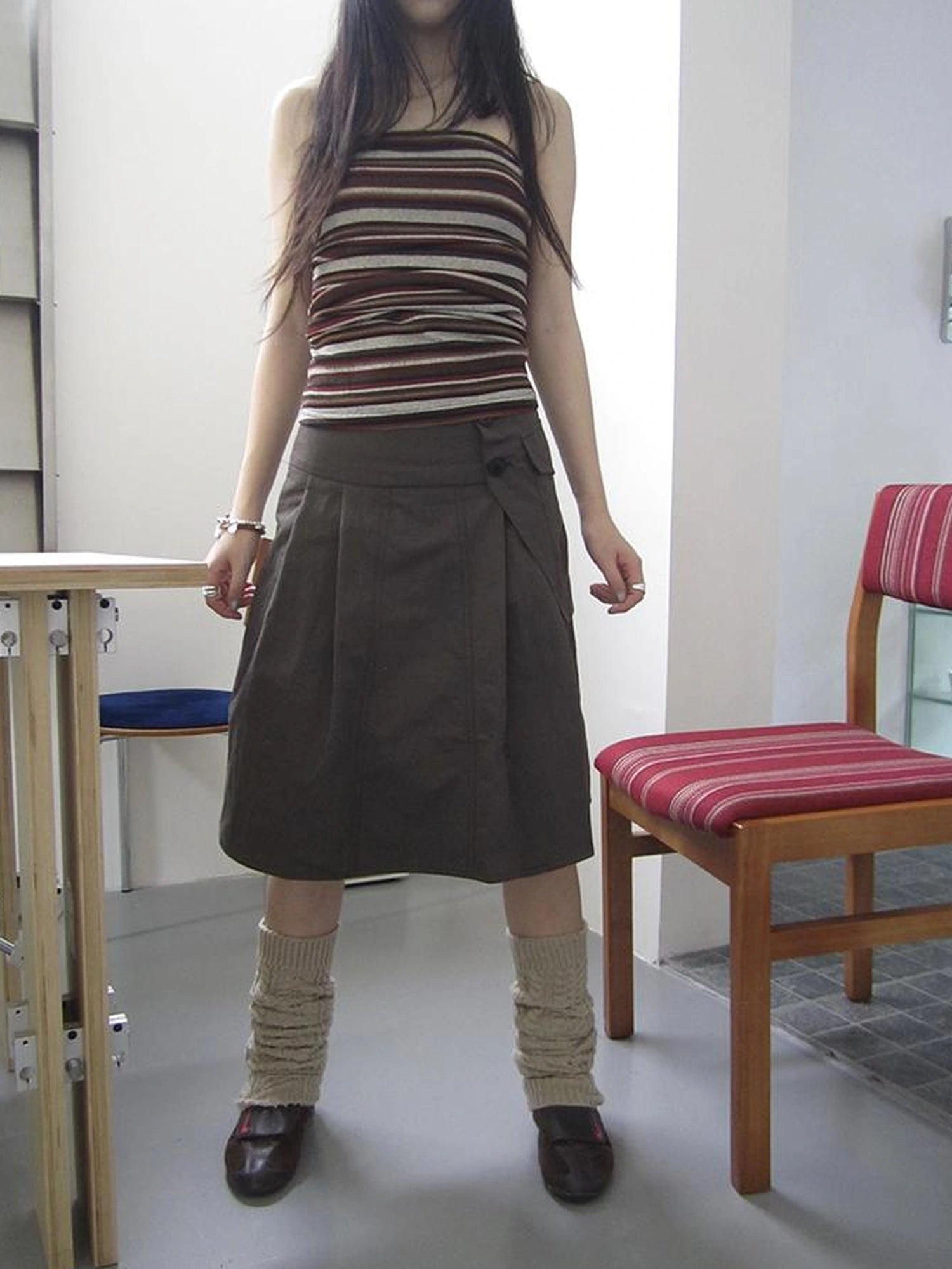 Vintage Button Detail Pleated A Line Skirt