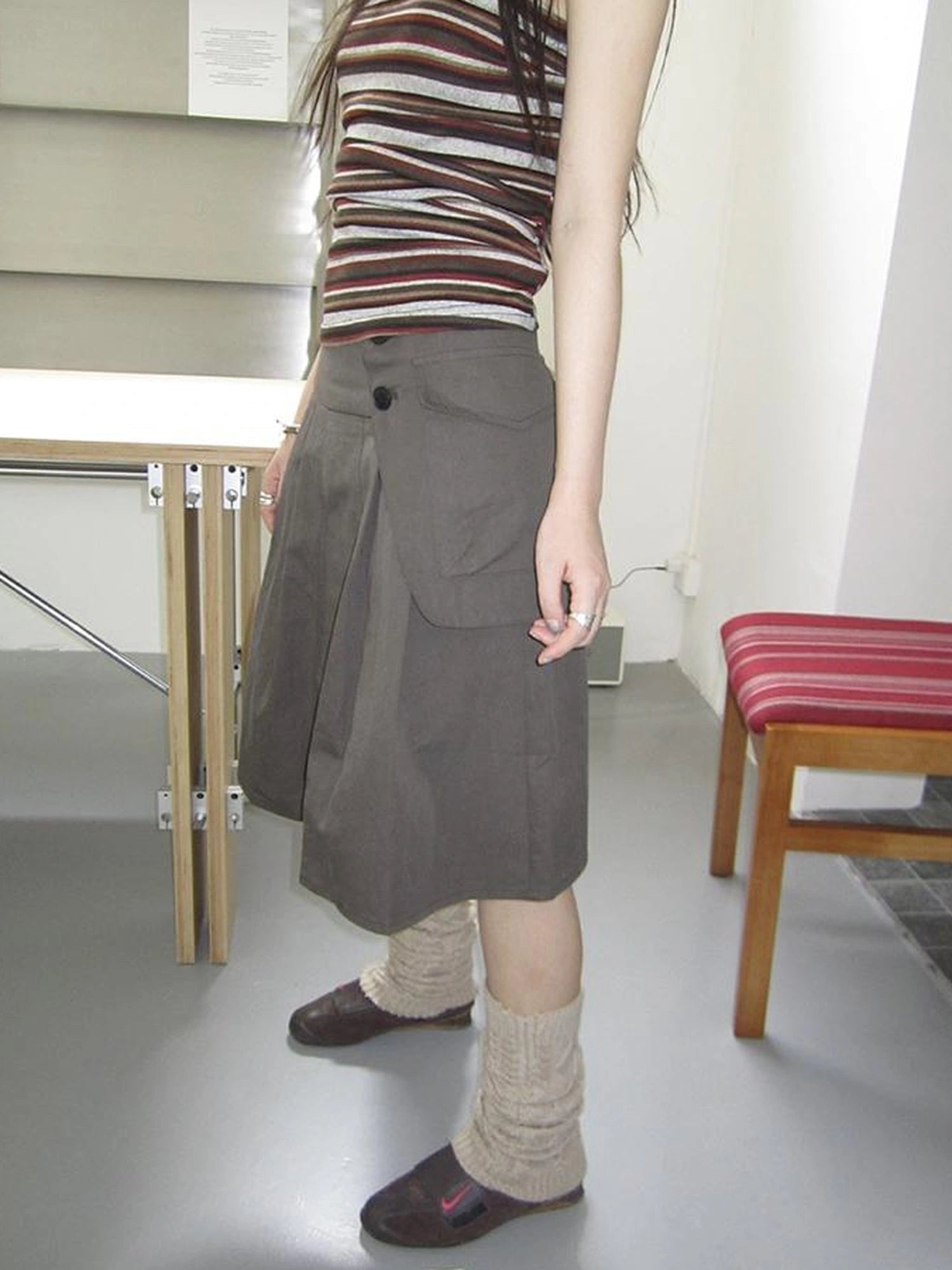 Vintage Button Detail Pleated A Line Skirt