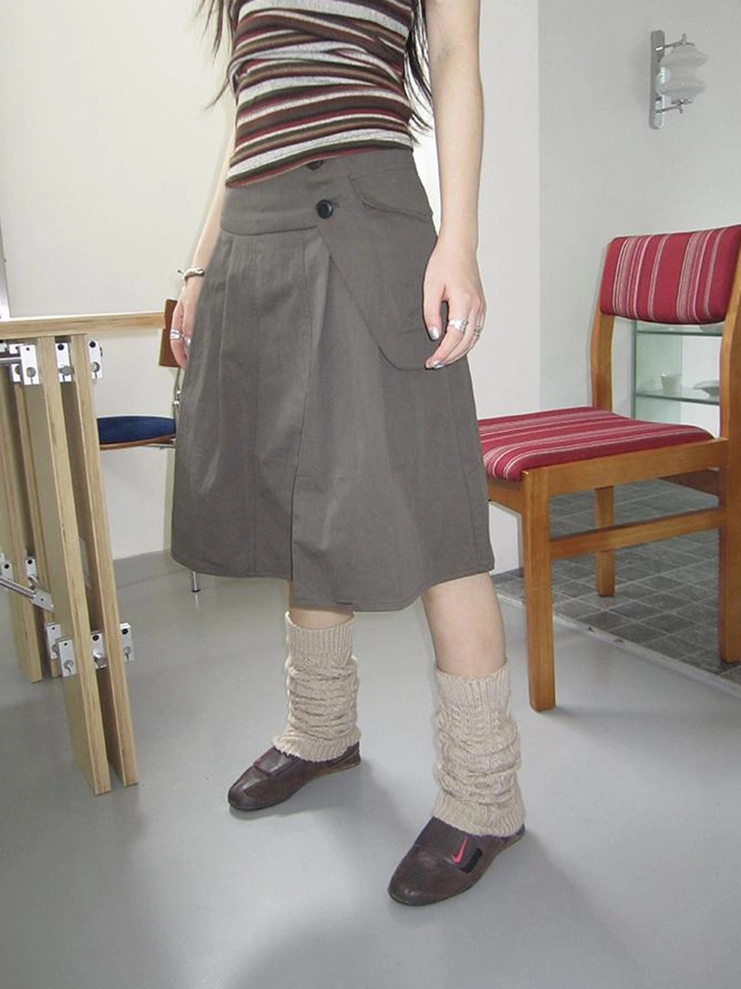 Vintage Button Detail Pleated A Line Skirt