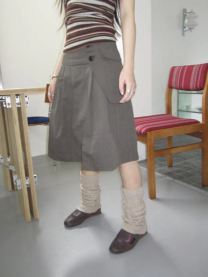 Vintage Button Detail Pleated A Line Skirt