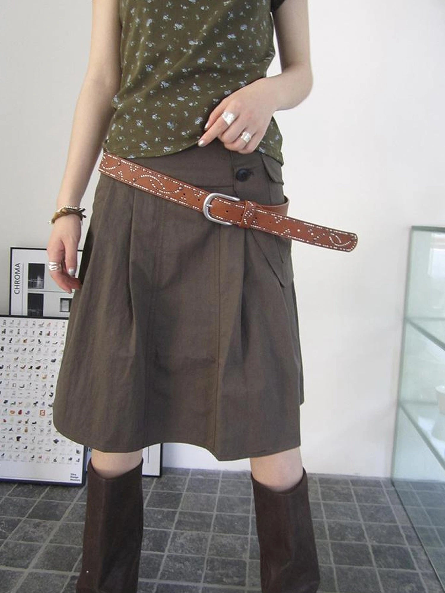 Vintage Button Detail Pleated A Line Skirt