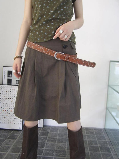 Vintage Button Detail Pleated A Line Skirt