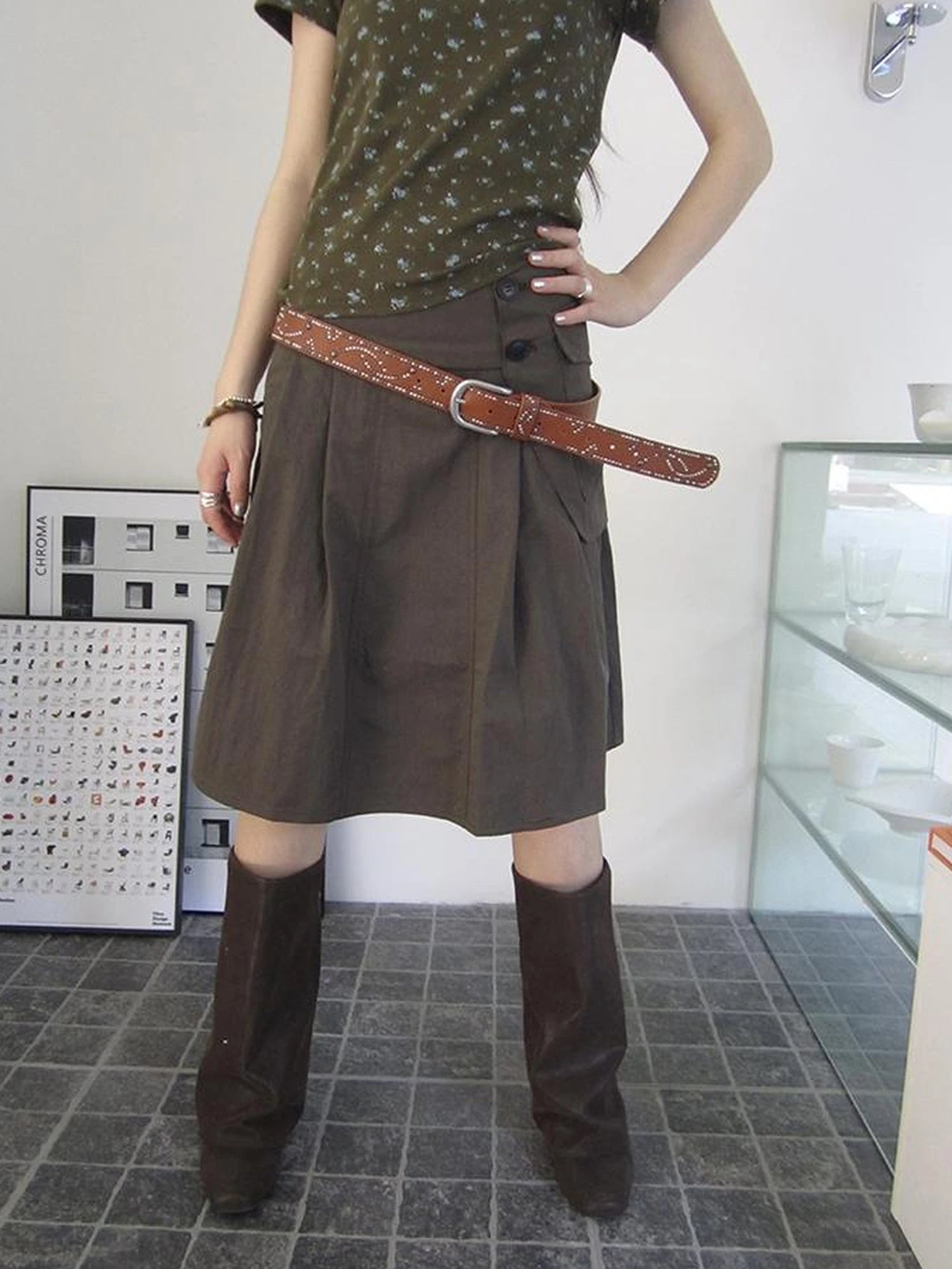 Vintage Button Detail Pleated A Line Skirt