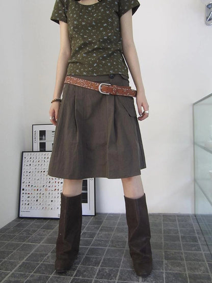 Vintage Button Detail Pleated A Line Skirt