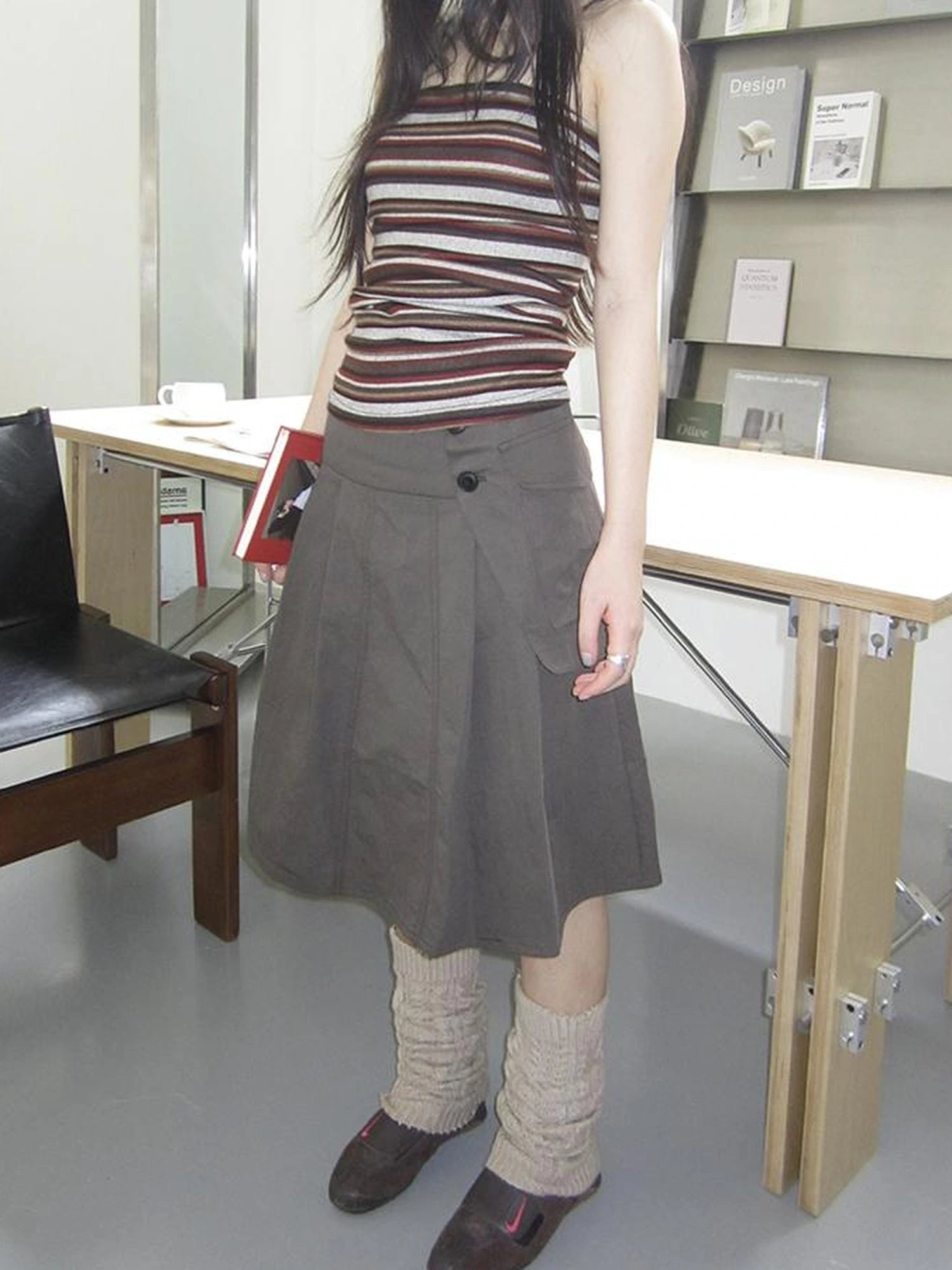 Vintage Button Detail Pleated A Line Skirt