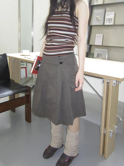 Vintage Button Detail Pleated A Line Skirt