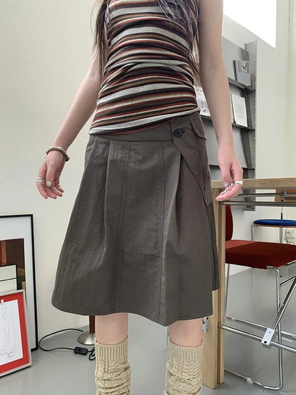 Vintage Button Detail Pleated A Line Skirt