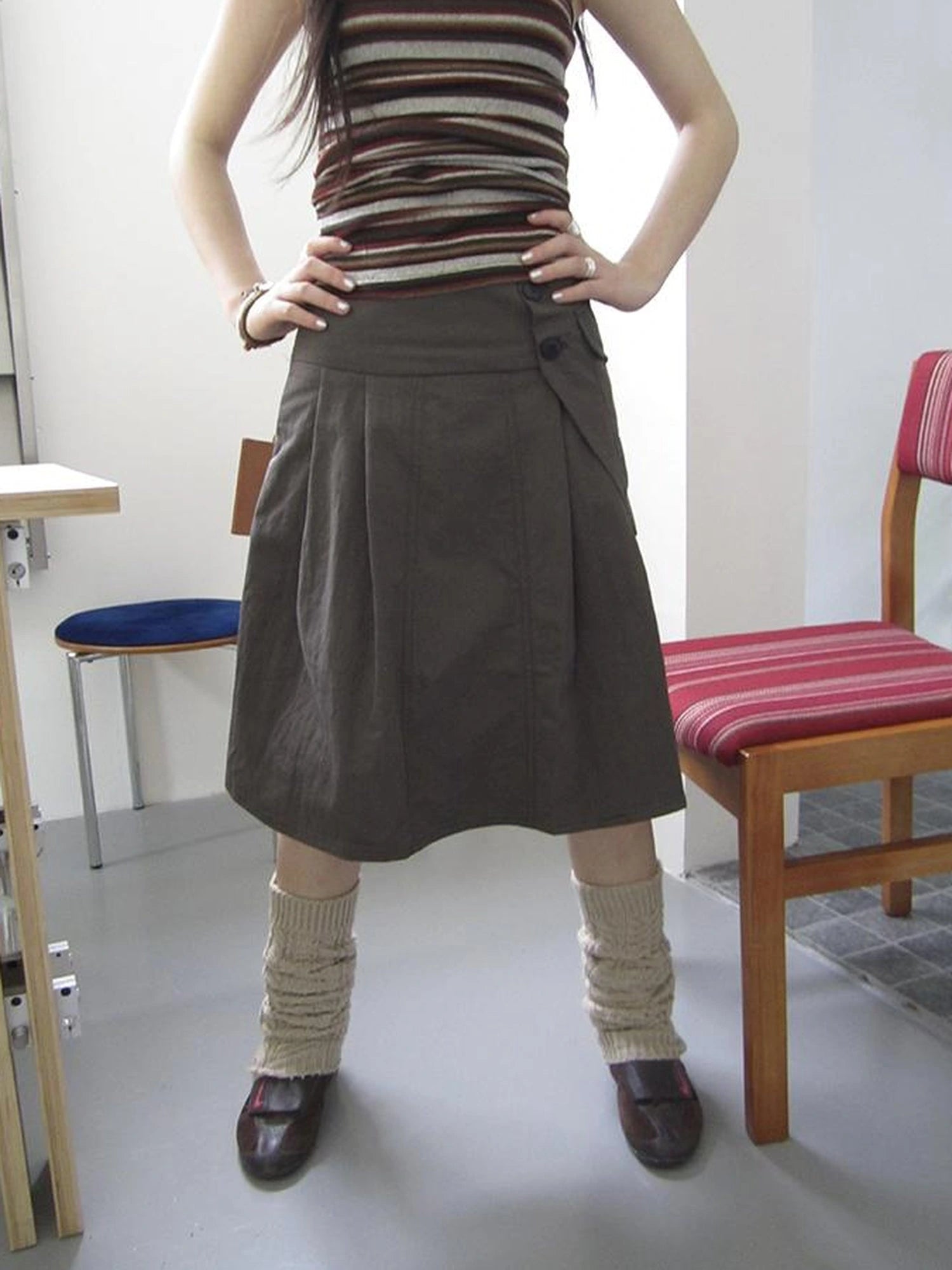 Vintage Button Detail Pleated A Line Skirt