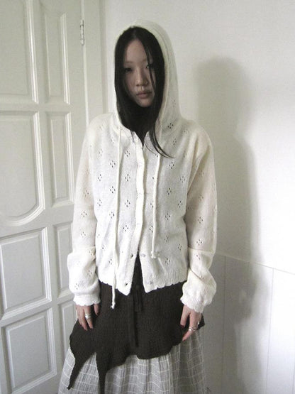 Updateang project Vintage Button Down Openwork Hooded Knit Cardigan