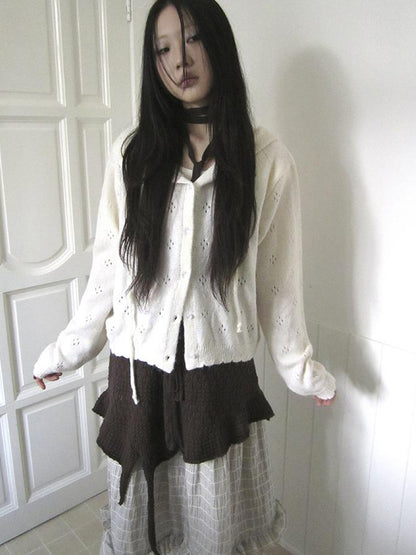 Vintage Button Down Openwork Hooded Knit Cardigan