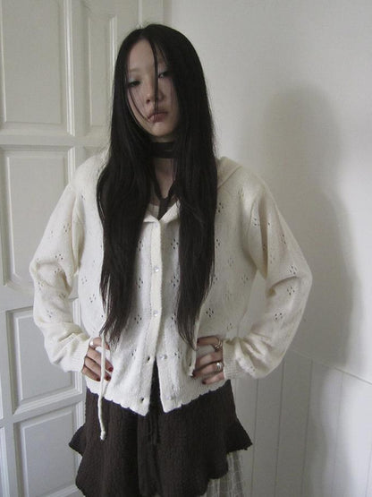Vintage Button Down Openwork Hooded Knit Cardigan