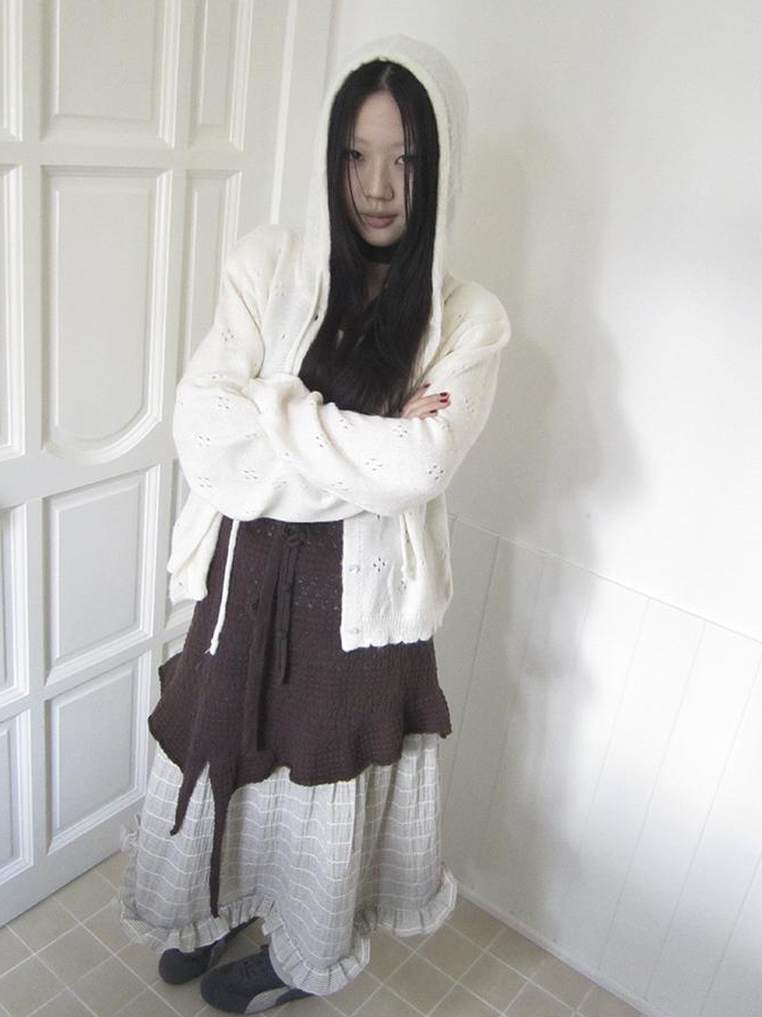 Vintage Button Down Openwork Hooded Knit Cardigan