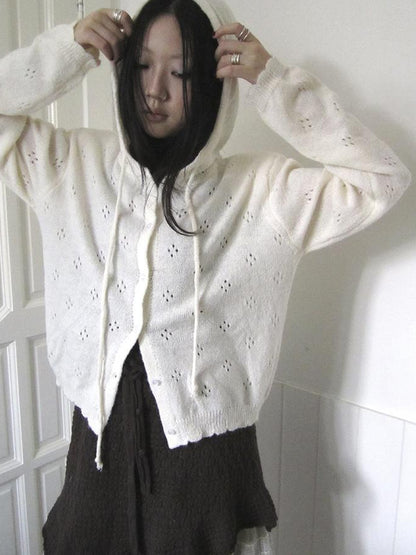 Vintage Button Down Openwork Hooded Knit Cardigan