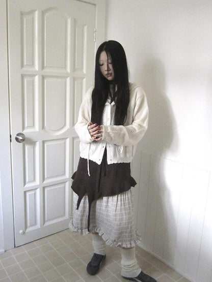 Vintage Button Down Openwork Hooded Knit Cardigan