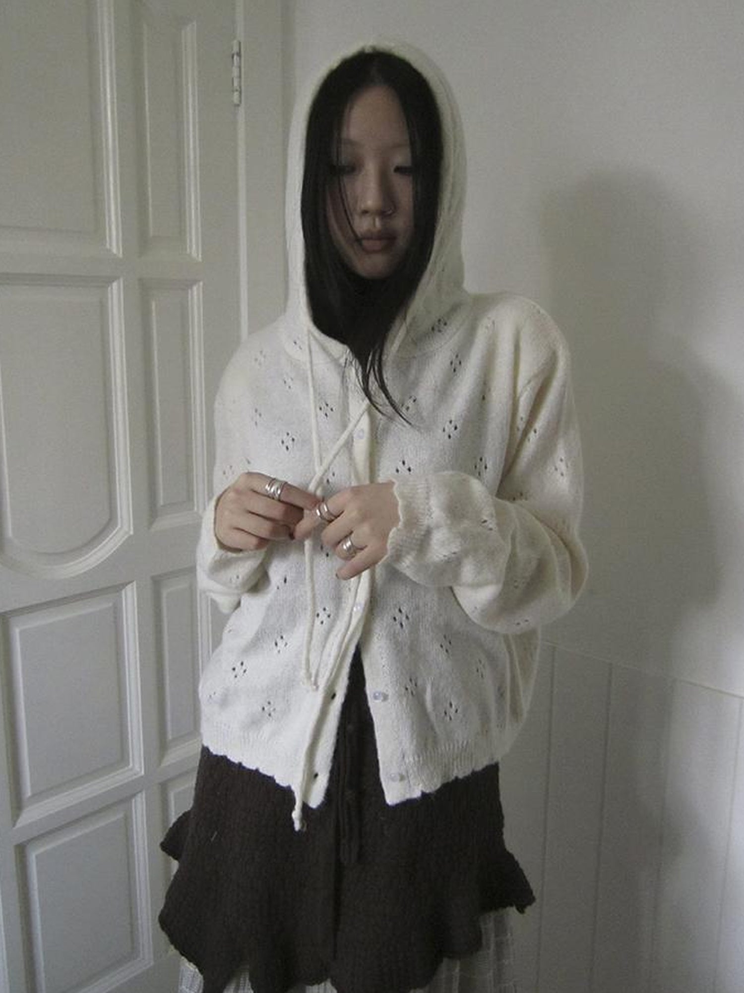 Vintage Button Down Openwork Hooded Knit Cardigan