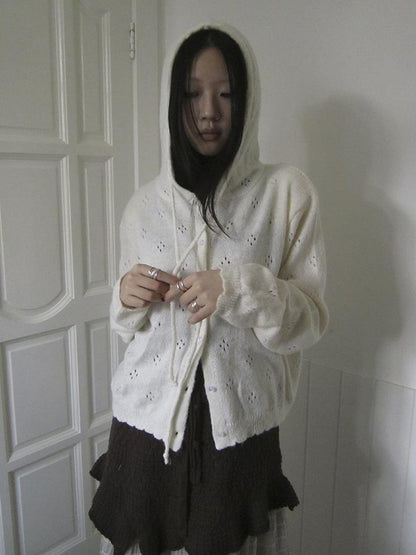 Vintage Button Down Openwork Hooded Knit Cardigan