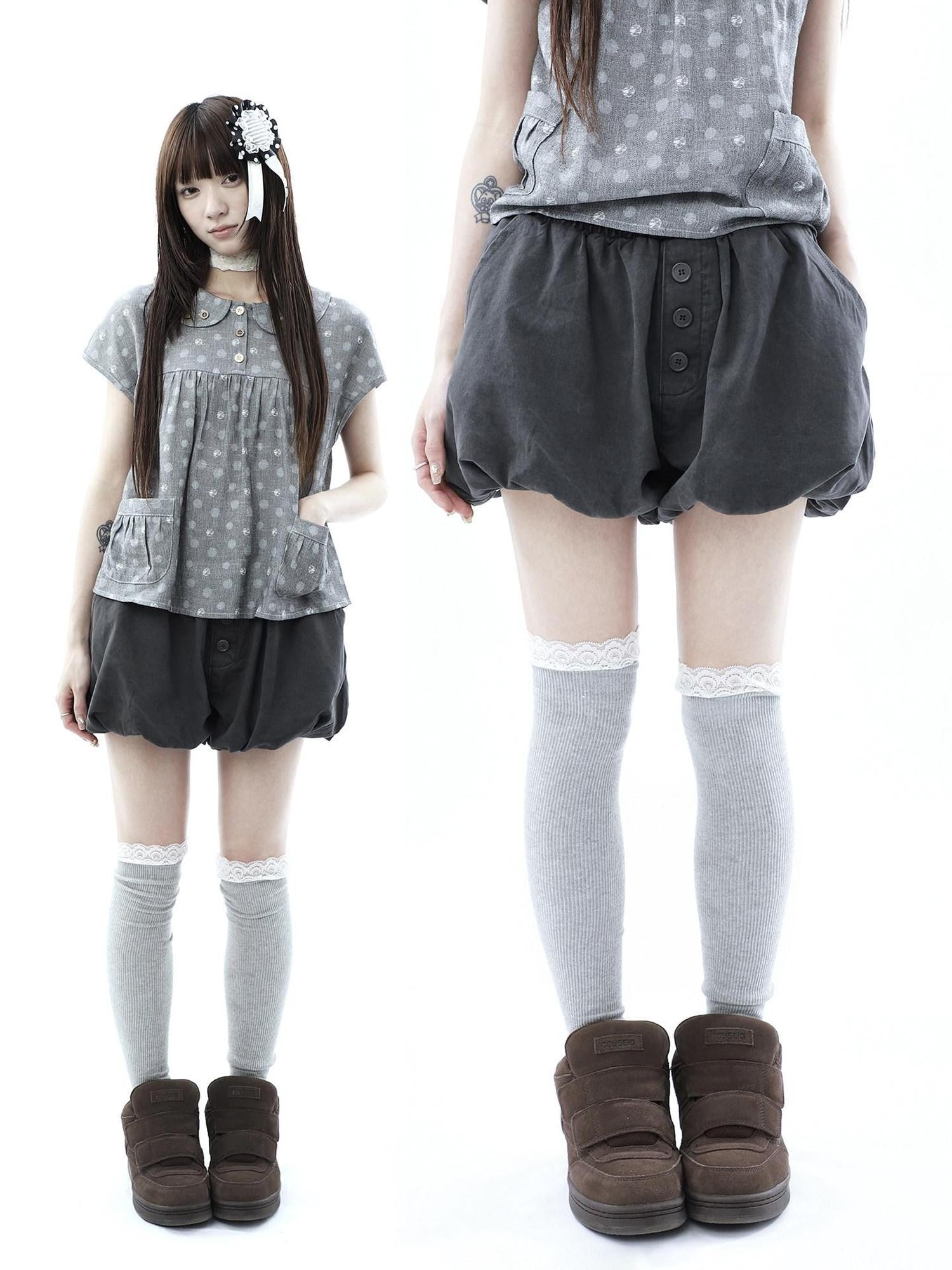 ang project Vintage Button High Waist Elastic Puff Lantern Skirt Loose Women&