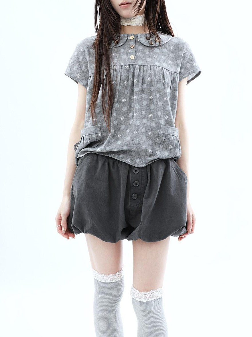 ang project Vintage Button High Waist Elastic Puff Lantern Skirt Loose Women&
