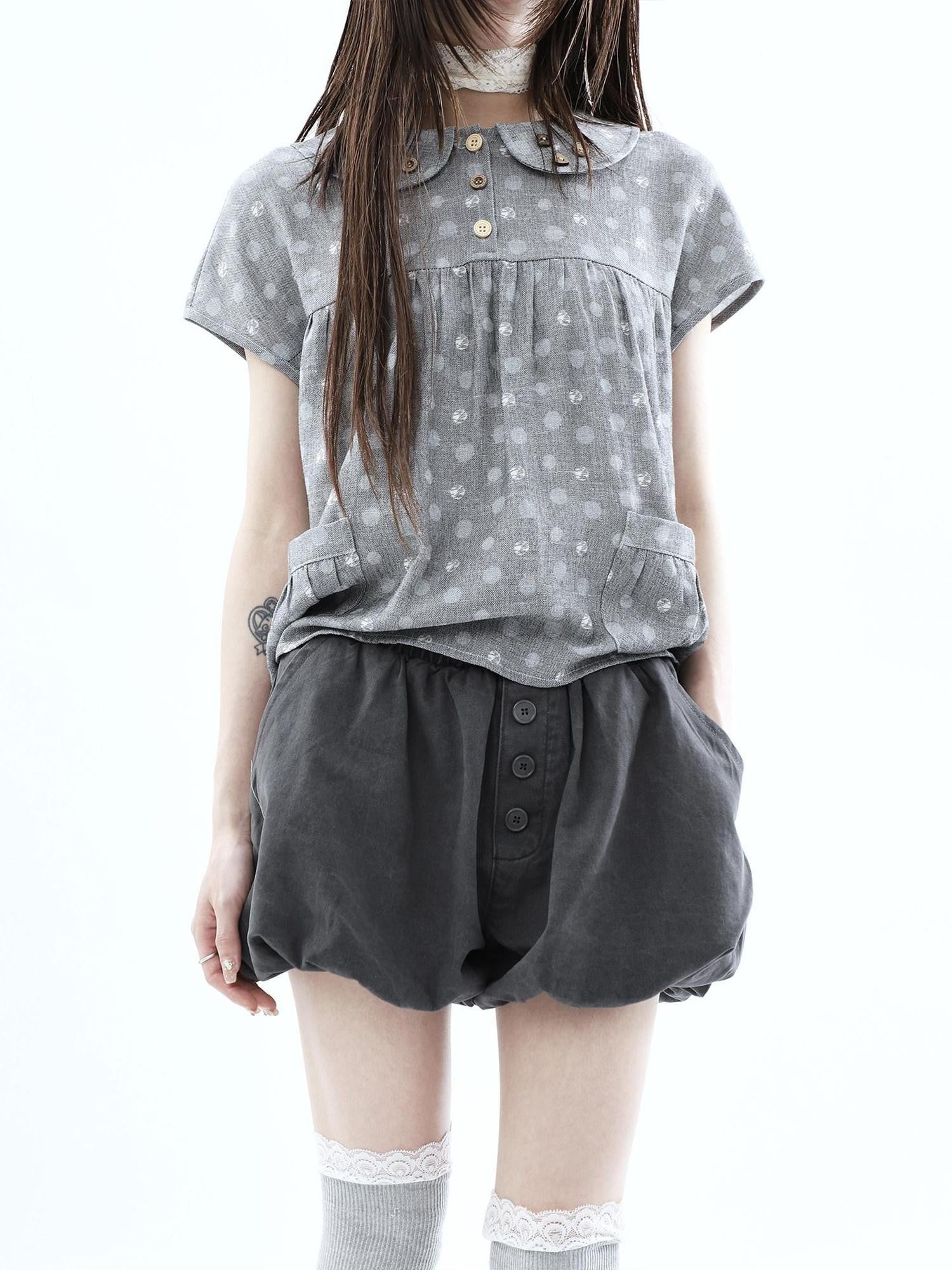 ang project Vintage Button High Waist Elastic Puff Lantern Skirt Loose Women&