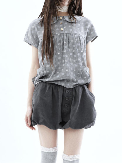 ang project Vintage Button High Waist Elastic Puff Lantern Skirt Loose Women&