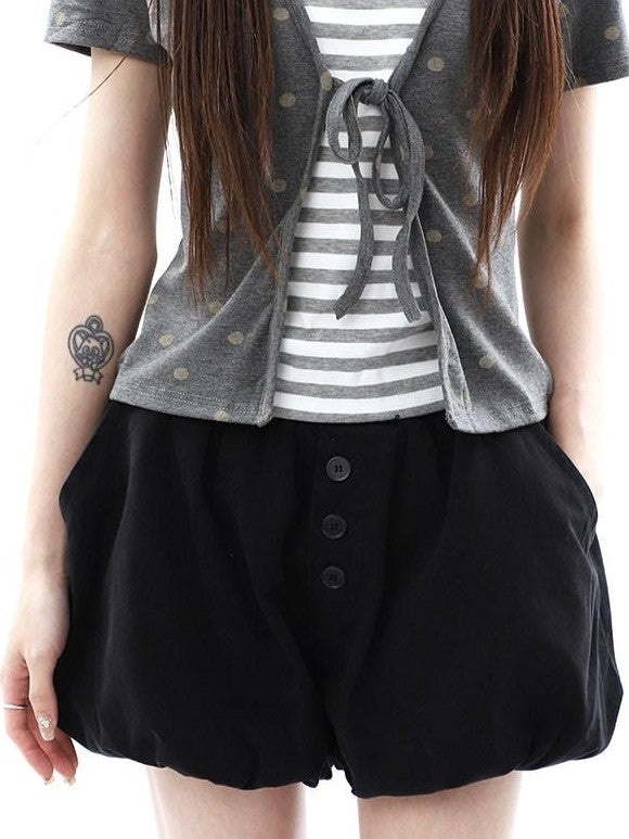 ang project Vintage Button High Waist Elastic Puff Lantern Skirt Loose Women&