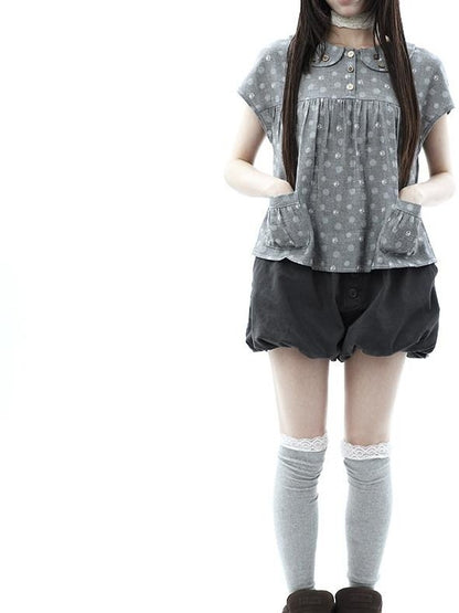 ang project Vintage Button High Waist Elastic Puff Lantern Skirt Loose Women&