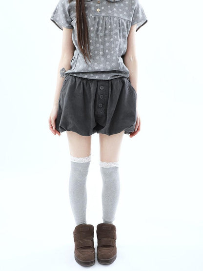 ang project Vintage Button High Waist Elastic Puff Lantern Skirt Loose Women&