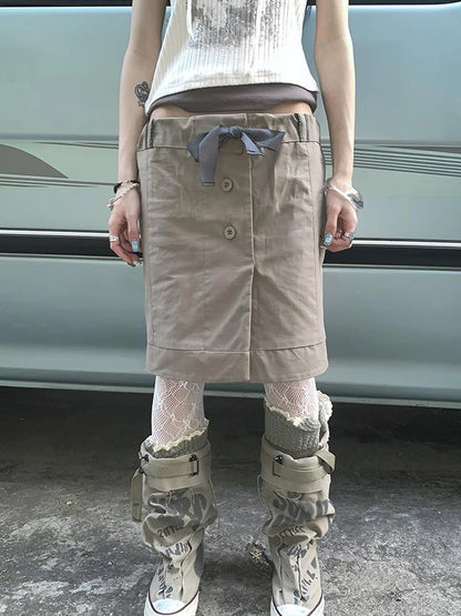 Vintage Button Tie High Waist Flowy Denim Short Skirt